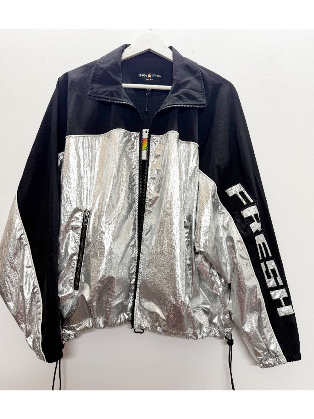 Teddy Fresh Unisex Jacket Men Size XS S Small Silver Black Panel Windbreaker NWT